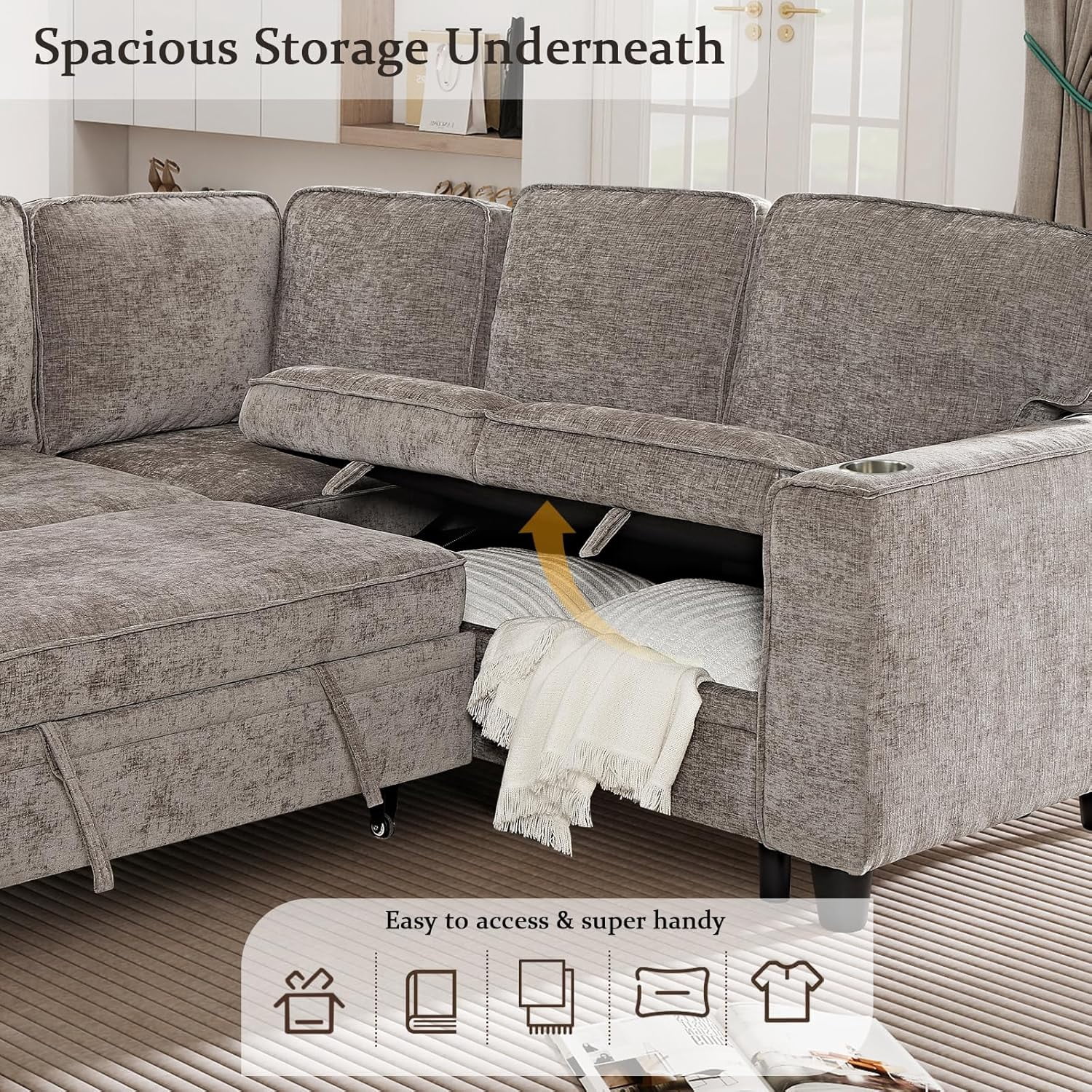 81" Modular Sectional Sofa, L Shaped 5-Seater Sleeper Sofa with Pull Out Bed, Hidden Storage, Cup Holders & USB Charging Ports, Sectional Couches for Living Room，Chenille，Light Brown