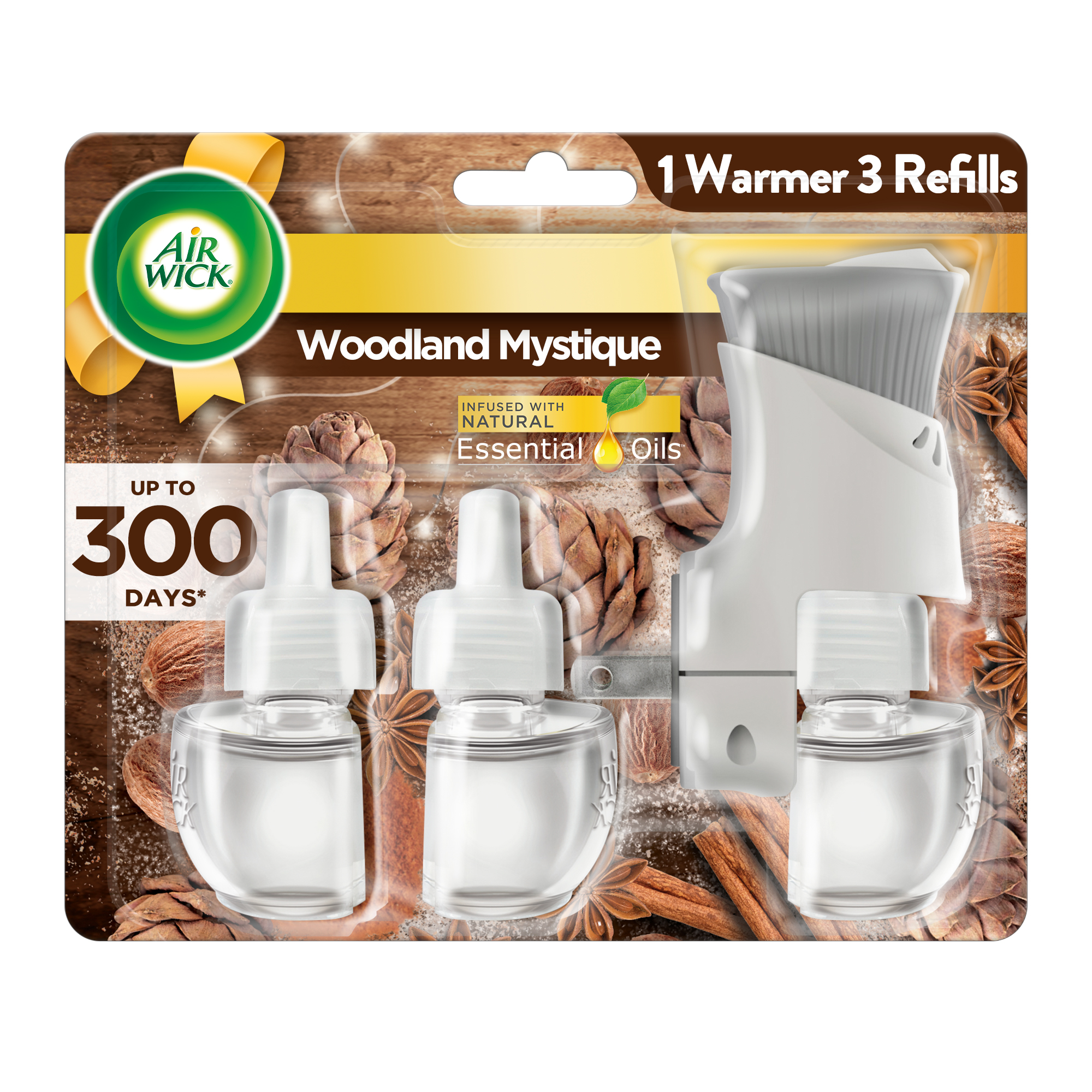 Air Wick Plug in Scented Oil Starter Kit (Warmer + 3 Refills), Woodland