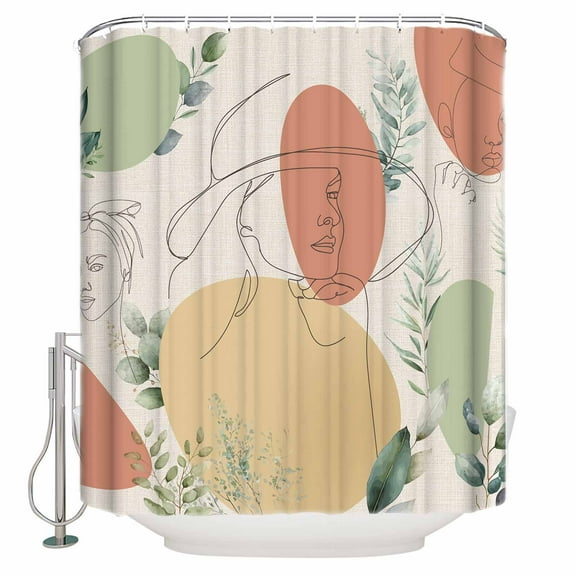 Fabric Shower Curtain, Boho Women Abstract Geometric Art Plant Leaves Linen Shower Curtains with 12 Hooks Waterproof Machine Washable Bath Curtains for Bathroom,48x 72in