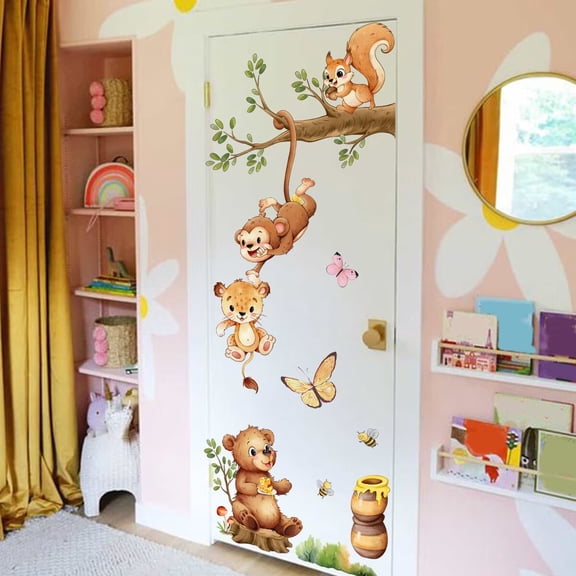 2 Sheets Animal Wall Decals Peel and Stick Woodland Wall Decal Removable Jungle Wallpaper Monkey Baby Bear Forest Nursery Decor for Kids Bedroom Playroom Classroom Nursery Wall Stickers & Murals