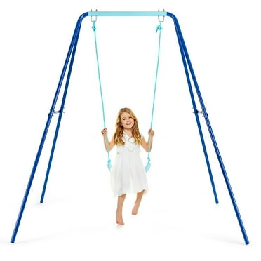 Spaco Outdoor Kids Swing Set with Heavy-Duty Metal A-Frame and Ground Stakes-Blue