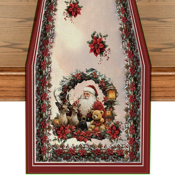 YOPINCO Merry Christmas tablecloth with patterns of Santa Claus, reindeer, teddy bears, and festive greenery Christmas tree tablecloth for family dining room party decorations, size: 13 × 72 inches