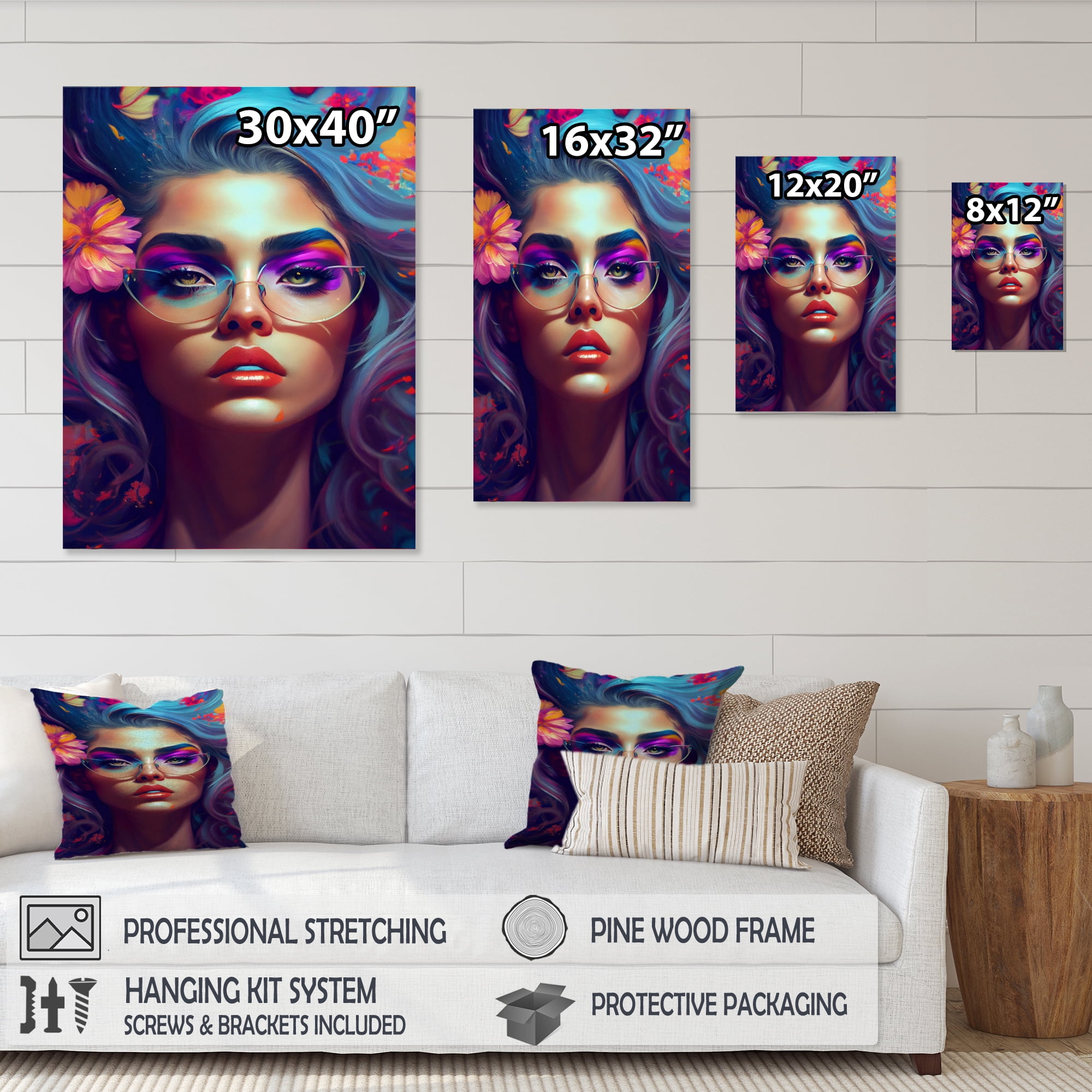 Designart Blue Attractive Woman With Flowers II Canvas Wall Art