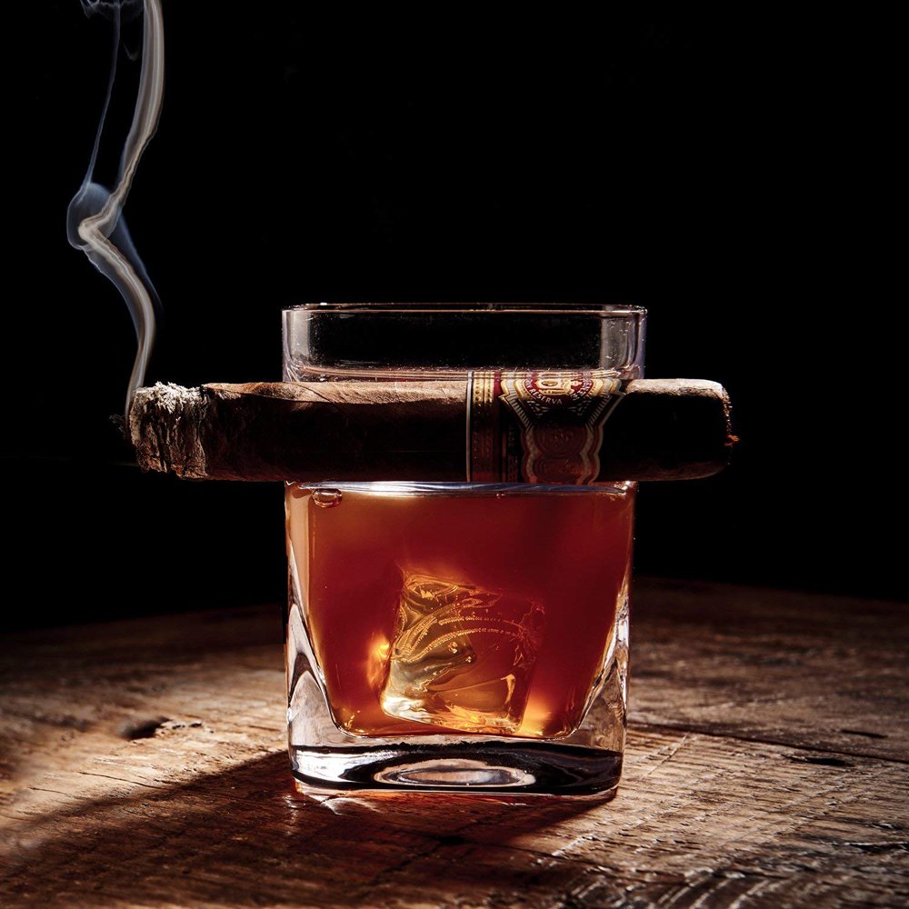 GLiving Cigar Glass Old Fashioned Whiskey Glass with Cigar Holder Perfect Gift for Whiskey