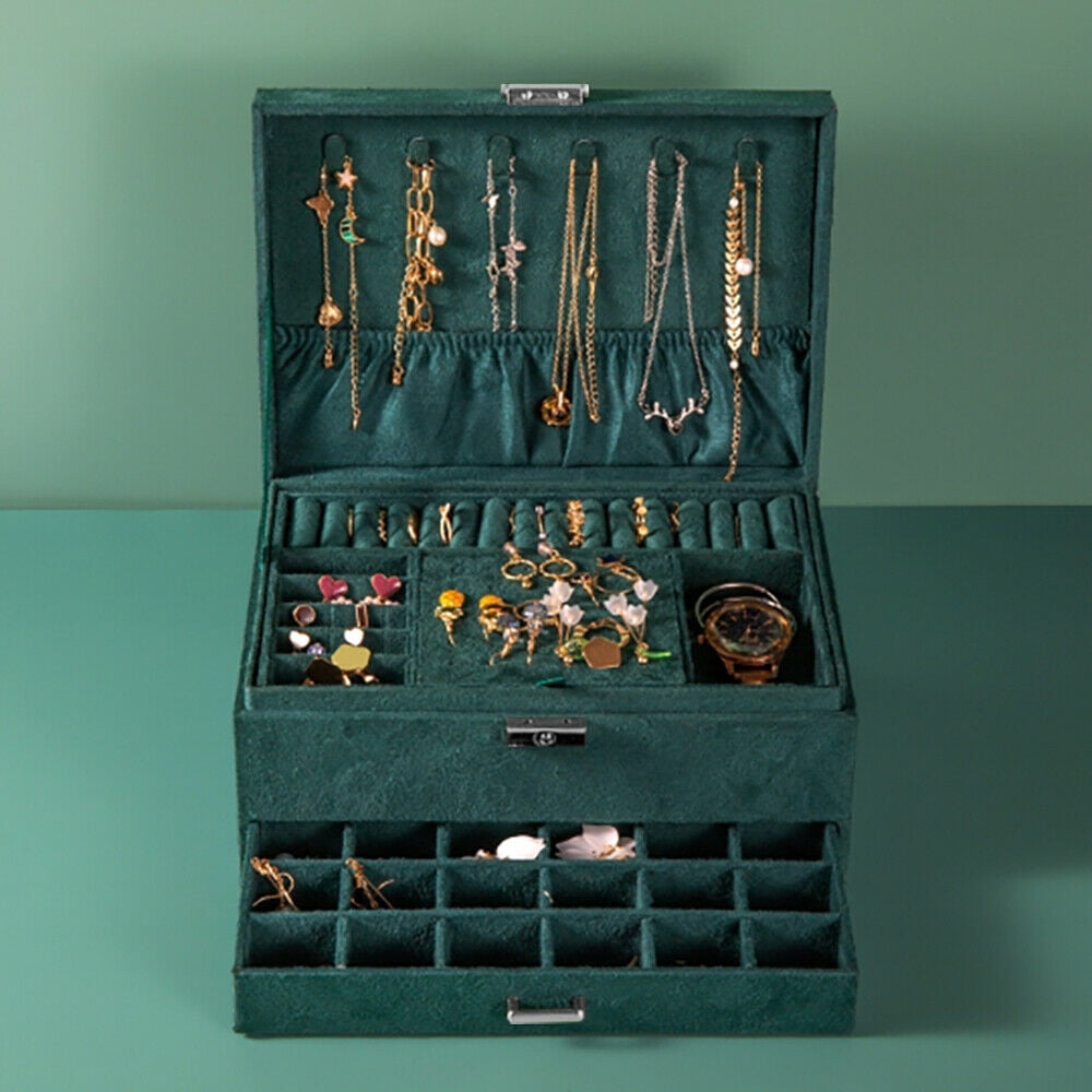 Mkyiongou 3 Layer Jewelry Box Necklaces Rings Earrings Organizer Flannel Storage Case Gift
