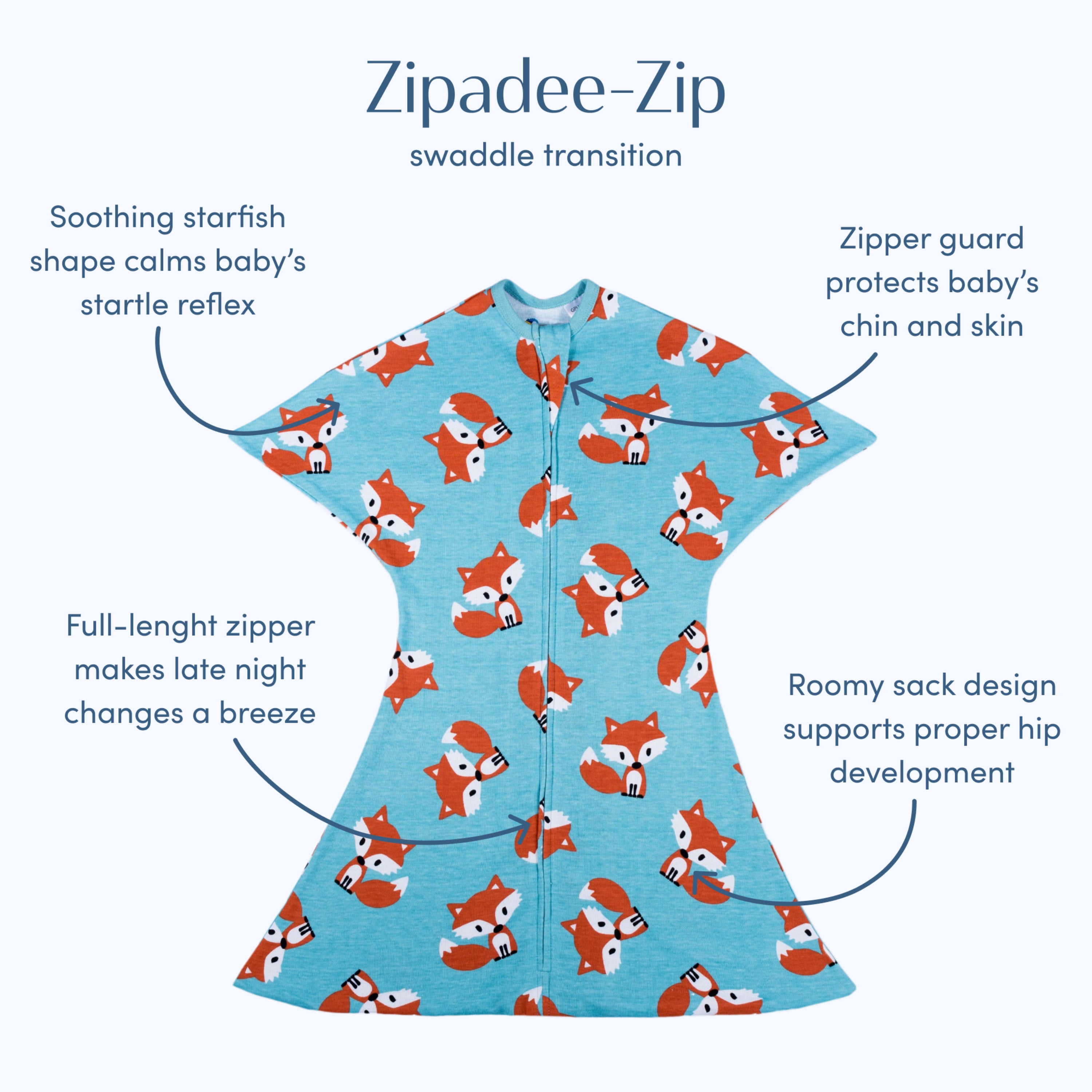 SleepingBaby Zipadee-Zip Transition Swaddle for Self-Soothing & Better Sleep, Friendly Fox, X Small (3-6 Months)