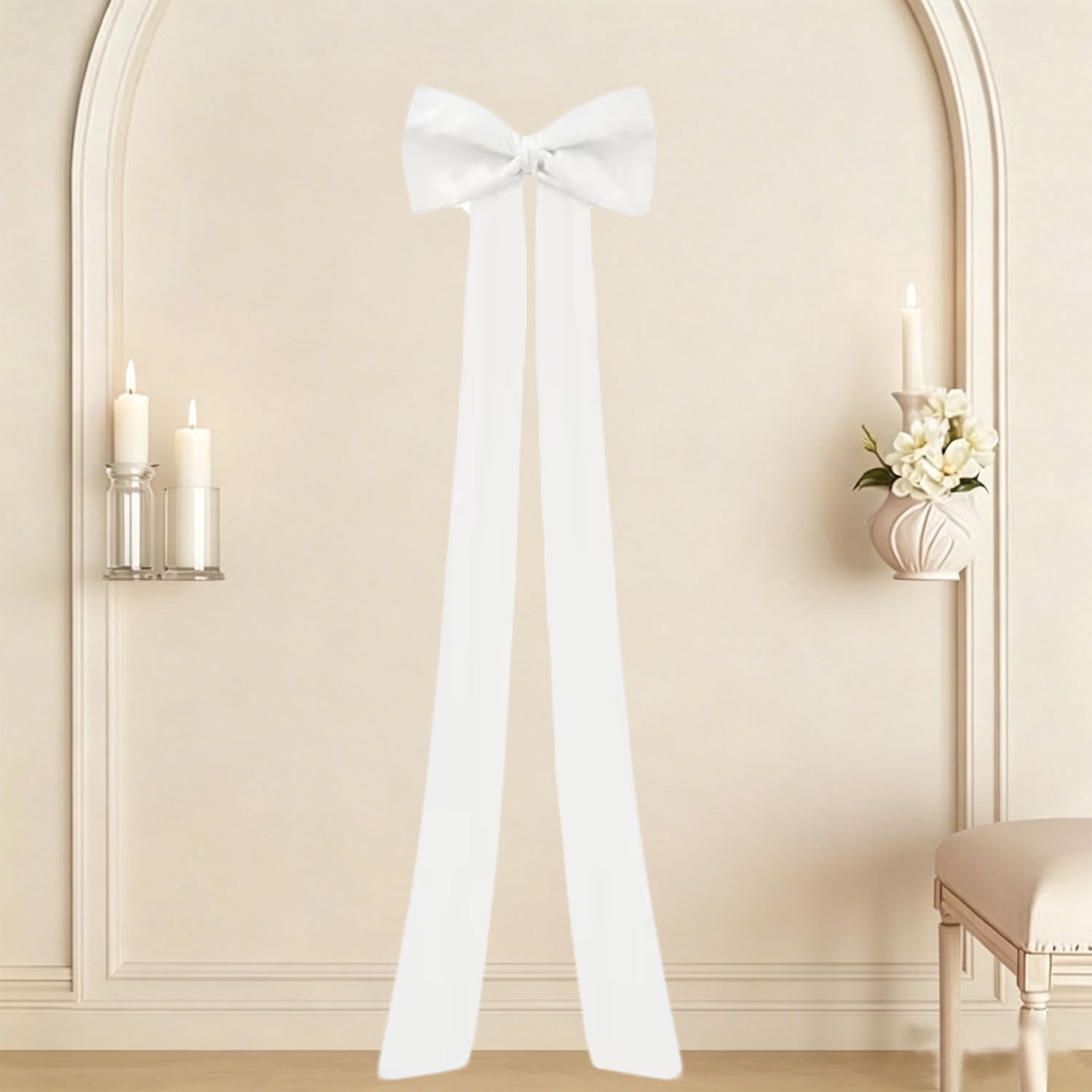 Meikd Extra-Large Decorative Bow: Giant Bow with Long Tassels—Perfect for Gift Decorations, Wedding Arches, Holiday Parties, and Christmas Trees (White)