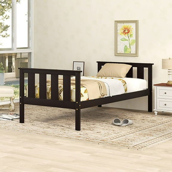 Wood Platform Bed Twin Size Bed Frame with Headboard and Footboard, Espresso