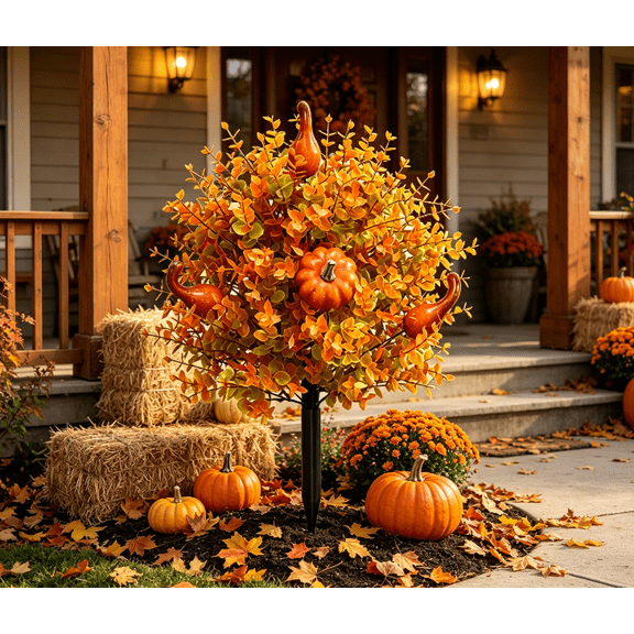 1 Pack Artificial Fall Pumpkin Topiary Tree, 22 Inch Outdoor Fall Decorations for Home Porch Garden Pathway, Halloween Decor Faux Autumn Plant Stakes Indoor Outdoor Use