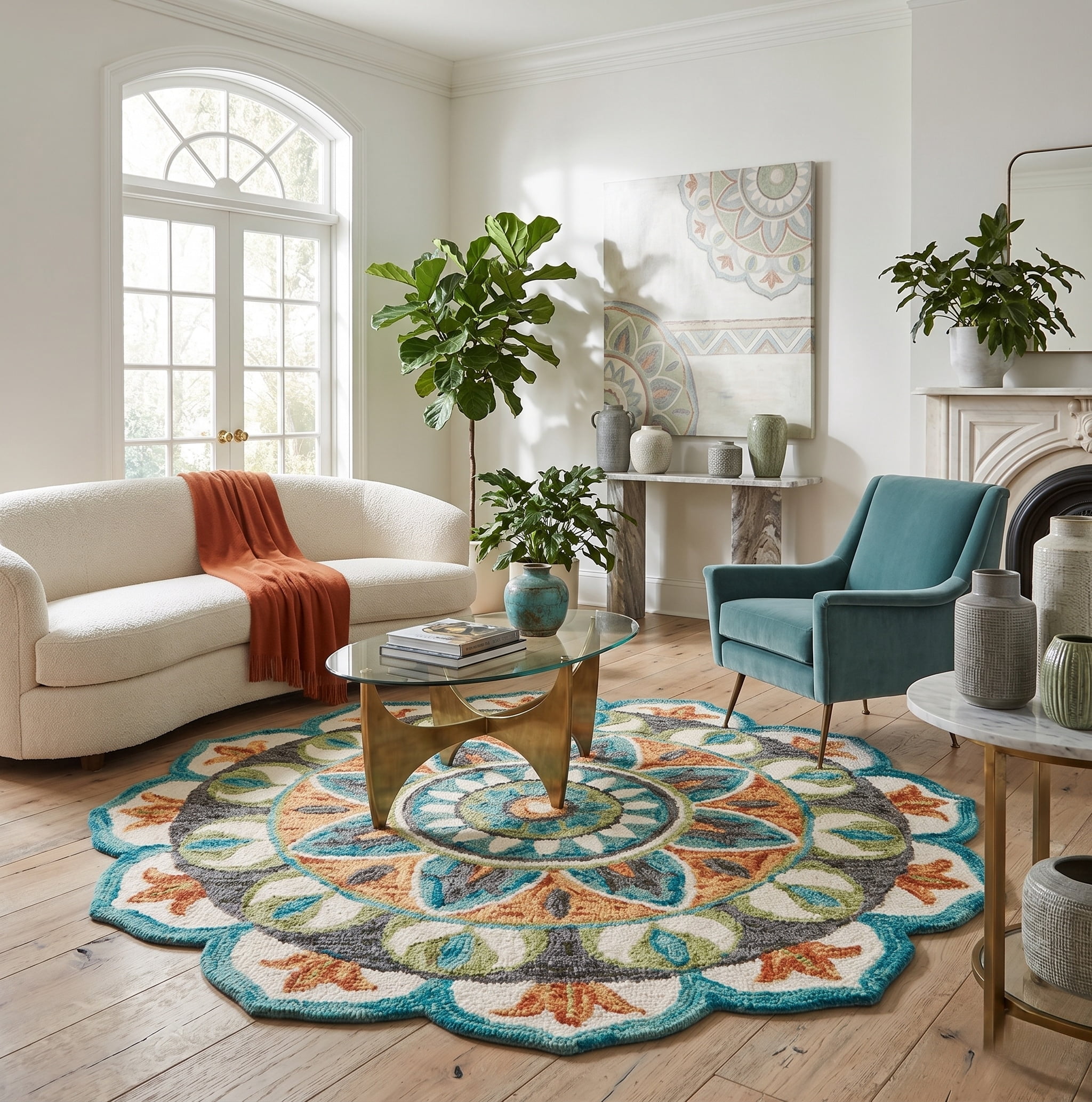 Ox Bay Enid 6' Round Rust /Teal Floral Medallion Indoor Area Rug