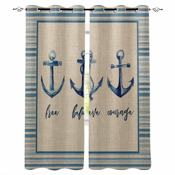 Blue Nautical Anchor Blackout Curtains for Bedroom/Living Room, Thermal Insulated Kitchen Curtains, Country Retro Ocean Beach Stripes Beige Grommet Darkening Window Treatment Drapes 42"x63"x2