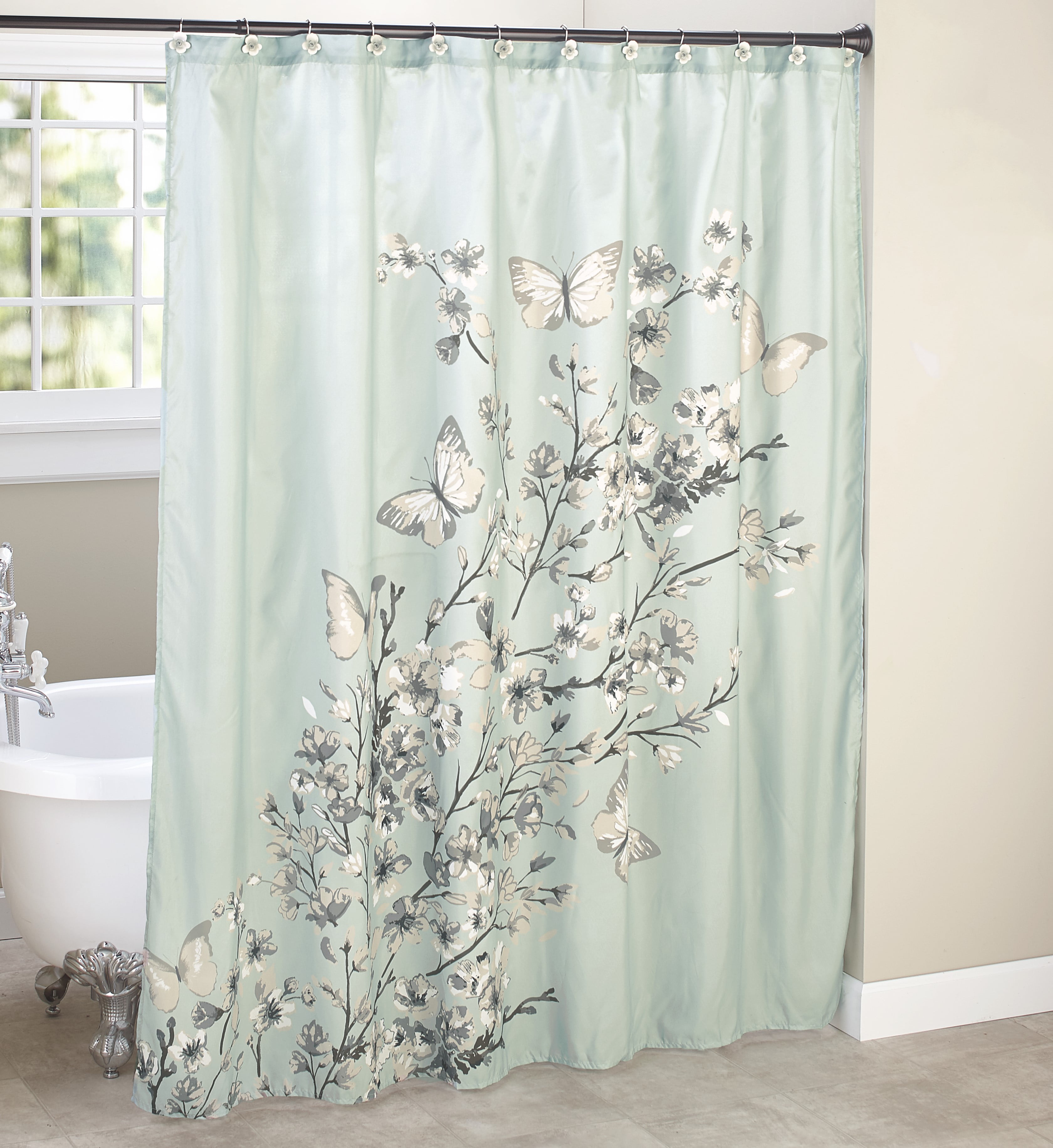 Blue White Yellow Butterflies Flowers Fabric Shower Curtain Digital Art Bathroom 