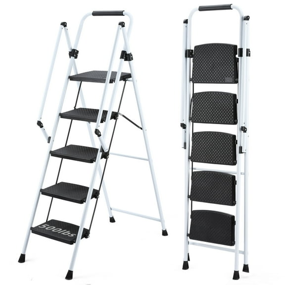 5-Step Folding Steel Ladder Stool with Anti-Slip Wide Pedals & Safety Handles – Lightweight 300 LB Capacity, Portable White Storage Solution for Home Use