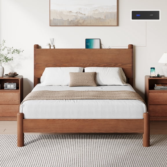 Solid Wood Bed Frame Queen Size Mid Century Platform Beds with Headboard and Charging Station for Bedroom, No Box Spring Needed, Rustic Brown