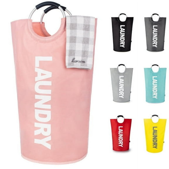 Caroeas 95L X-Large Laundry Basket (14 Colors), Waterproof Laundry Hamper, Laundry Bag with Padded Handles, Clothes Hamper Stands Up Well, Collapsible Laundry Basket Easy Storage (Pink)