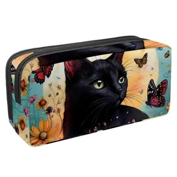 PhooArto Pencil Case, Black Cat Flower Butterfly Large Capacity Pencil Pouch Stationery Pen Bag