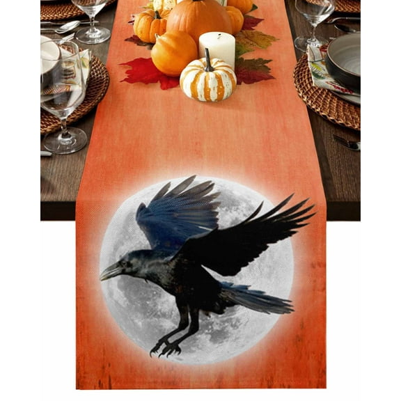 Table Runner 120 Inches Long, Halloween Raven Fly Orange Cotton Linen Table Runners Non-Slip Durable Dresser Scarves for Table Party Dinner Holiday Home Decor, 1 Pack