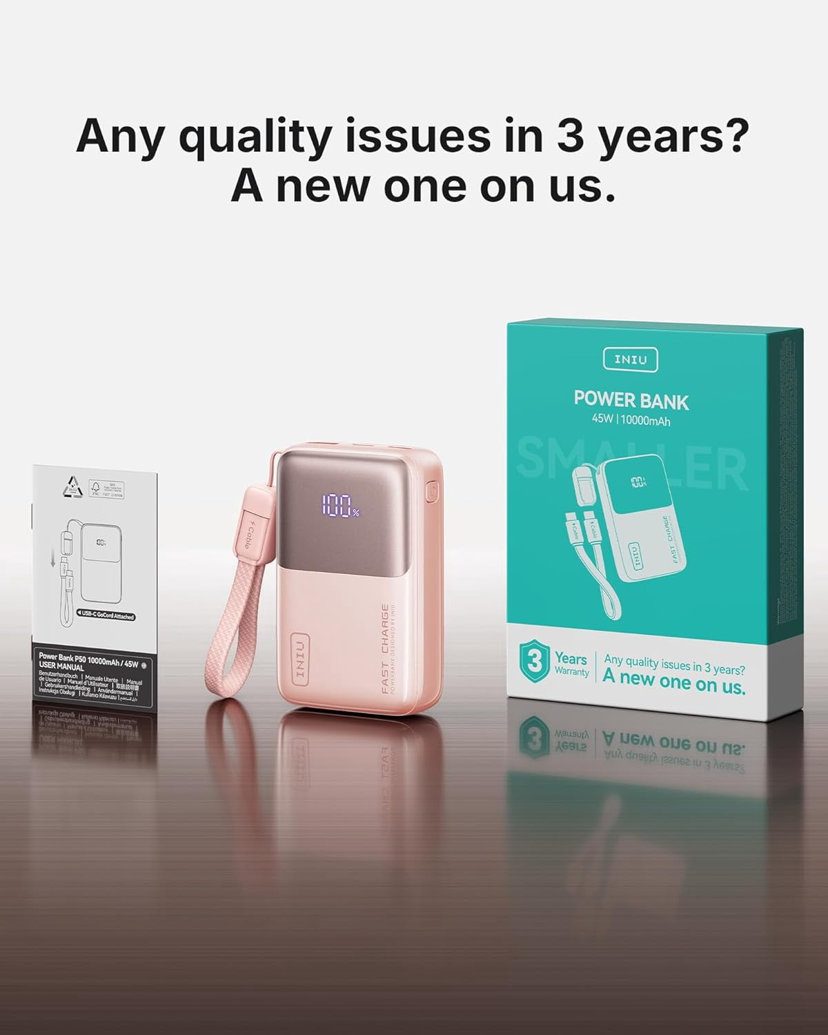 INIU Portable Charger, Ultra Mini 10000mAh 45W Fast Charging with Detachable Cable, Flight-Safe Travel USB C Power Bank for iPhone 17 16 Samsung S26, Google Pixel iPad etc, Pink