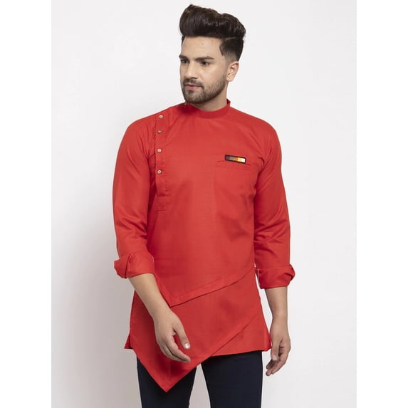 eloria Men's Trending Indian Traditional Solid Red Asymmetric Kurta