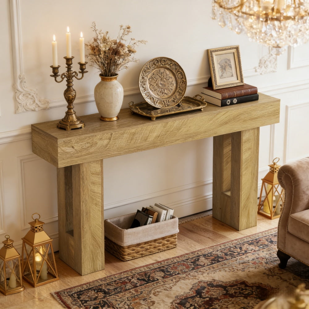 Rustic Oak Console Table, 63” Narrow Sofa Table with 110 LBS Load Capacity, Anti-Tip Strap, Easy Assembly & Clean for Entryway Hallway Living Room