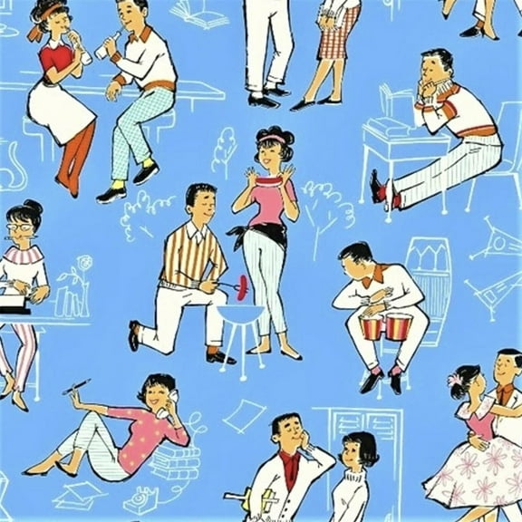 Windham Fabrics Going Steady Retro 50s Dating Blue 100% Cotton Fabric sold by the yard