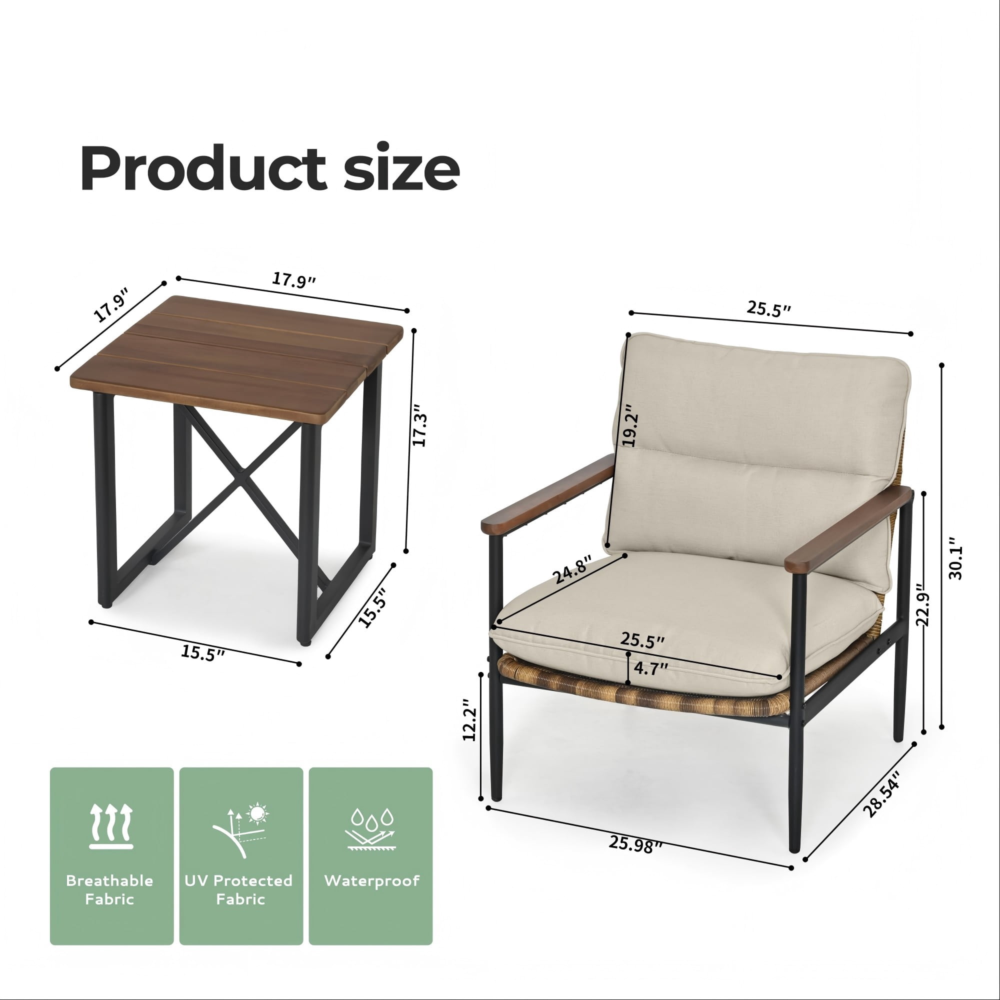3-Piece Outdoor Patio Bistro Set with Aluminum Frame, Wicker Chairs & Acacia Wood Side Table, 4.7" Olefin Cushions, Weather-Resistant for Balcony, Porch, Backyard