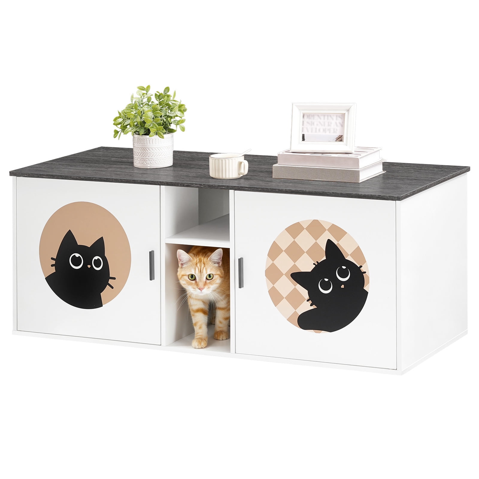 HOOBRO Double Cat Litter Box Enclosure with Middle Storage Shelf, Dual Hidden Litter Box Furniture, Unique Patterned Litter Box Cabinet, White and Charcoal Gray BW25MW01