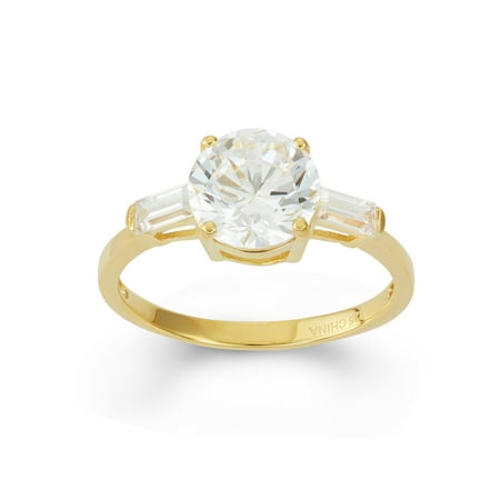 - White Cubic Zirconia 9mm Round Solitaire with Baguette Sides 18kt Gold over Sterling Silver Ring