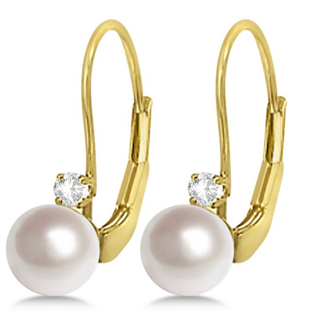 Cultured Akoya Pearl and Diamond Earrings Leverbacks 14K Yellow Gold
