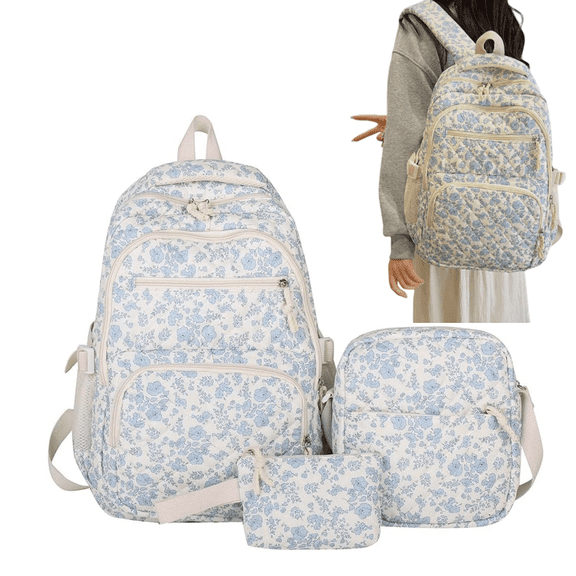 Blue Quilted Floral Backpack Set Cute Backpack, 17-Inch Bookbag for Middle & Elementary School,Backpack for them Ages 6-16