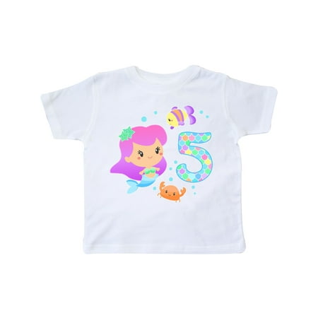 

Inktastic Fifth Birthday Mermaid with fish and crab Gift Toddler Toddler Girl T-Shirt