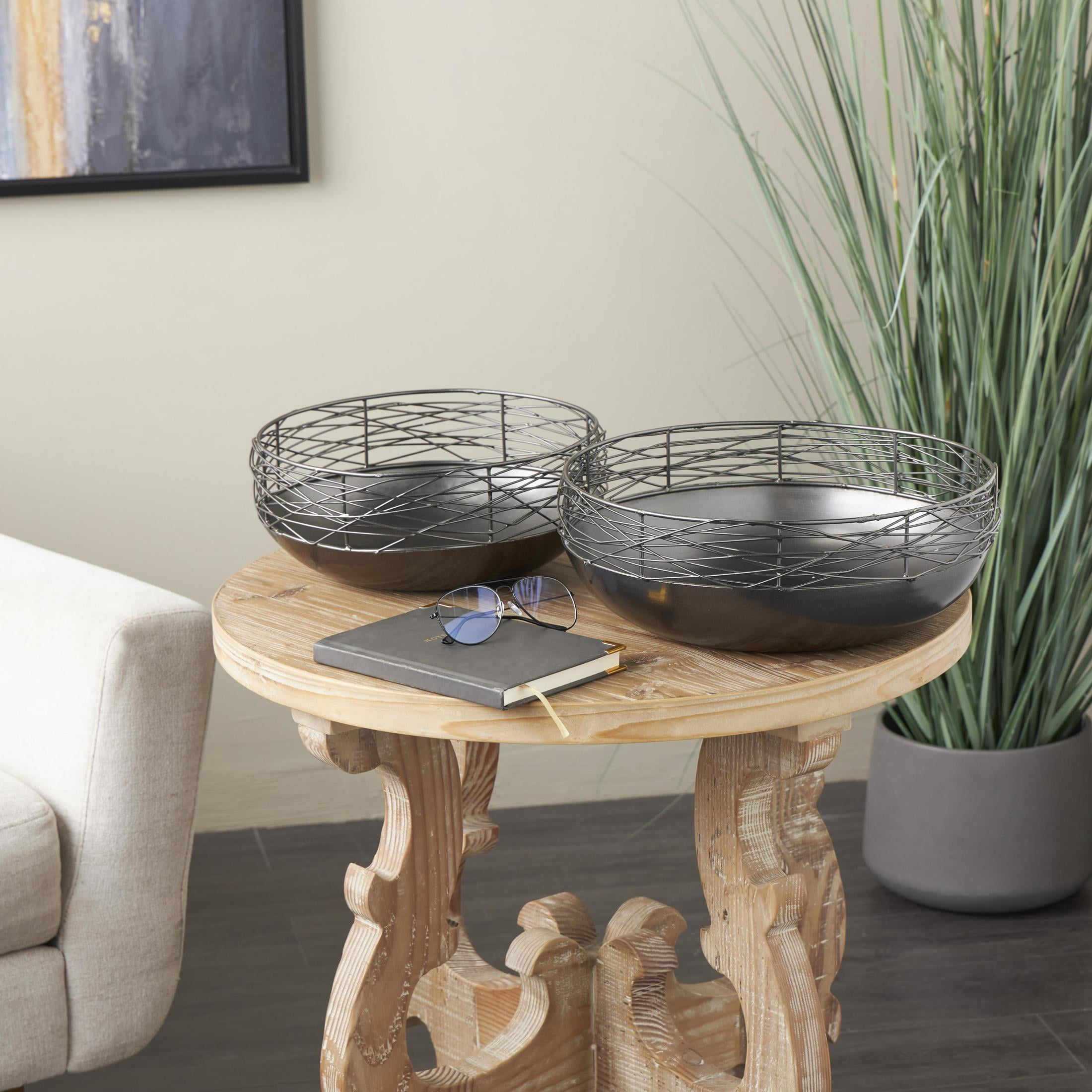 DecMode 15", 12"W Round Intertwined Wire Abstract Black Metal Decorative Bowl with Solid Matte Base, Set of 2