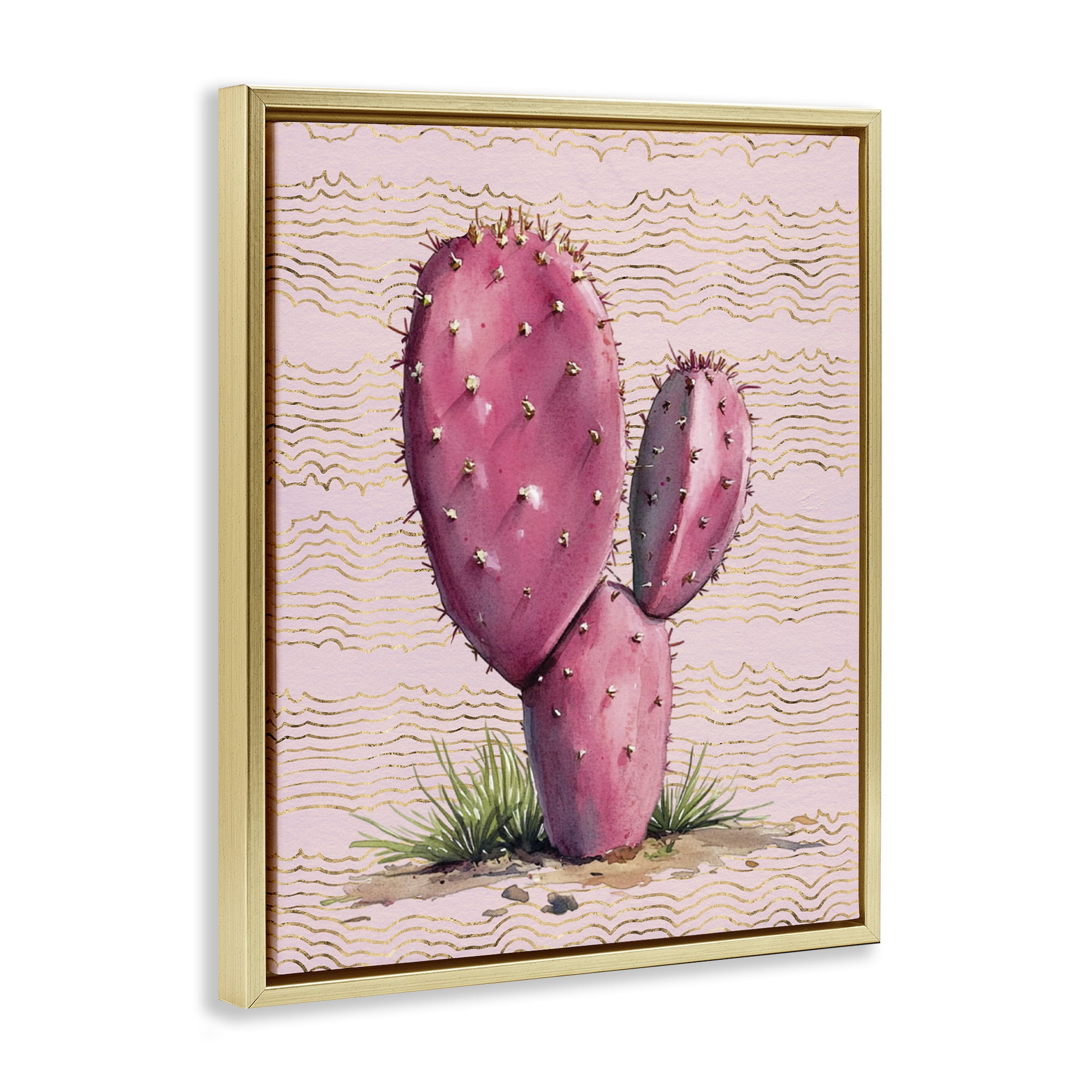 Stupell Industries Pink Prickly Pear Cactus Plants & Flowers Painting Gold Floater Framed Canvas Art Print Wall Art, 25 x 31