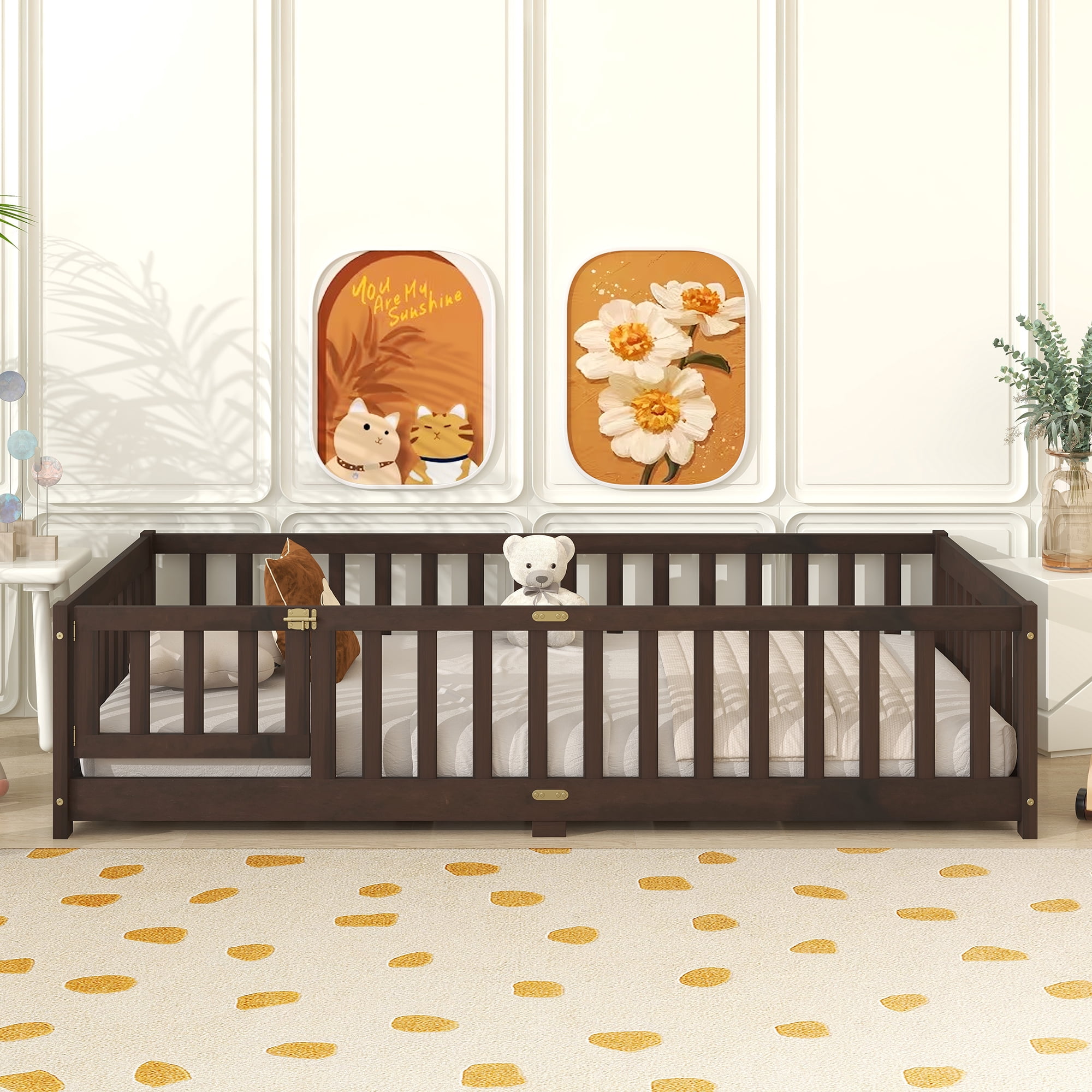 Miniyam Wood Twin Size Floor Bed Guardrails for Kids, Espresso
