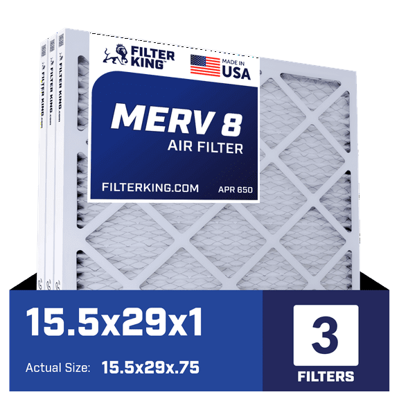 Filter King 15.5x29x1 Air Filter | 3-PACK | MERV 8 HVAC Pleated A/C Furnace Filters | MADE IN USA | Actual Size: 15.5 x 29 x .75"