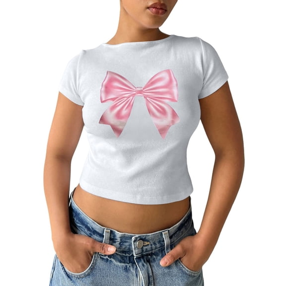 Crewneck T Shirts For Women Bowknot Print Short Sleeve Soft Basic Fit Tee Casual Womens Tops