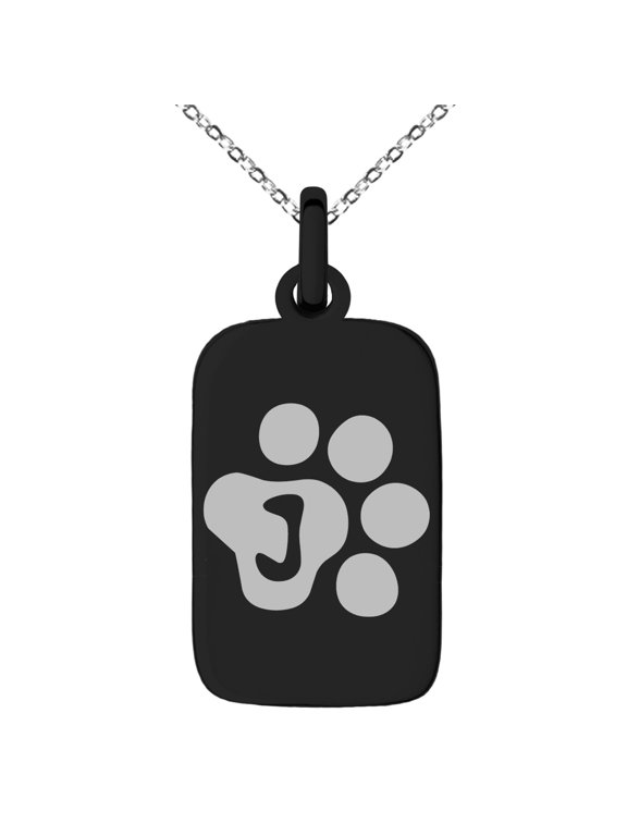 Stainless Steel Letter J Initial Cat Dog Paws Monogram Engraved Small Rectangle Dog Tag Charm Pendant Necklace