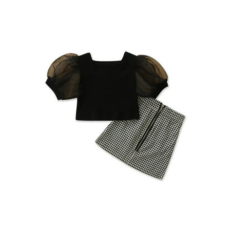 

Qtinghua Toddler Baby Girls Summer Clothes Short Puff Sleeve Square Neck Tops+Houndstooth A-line Skirt Outfits