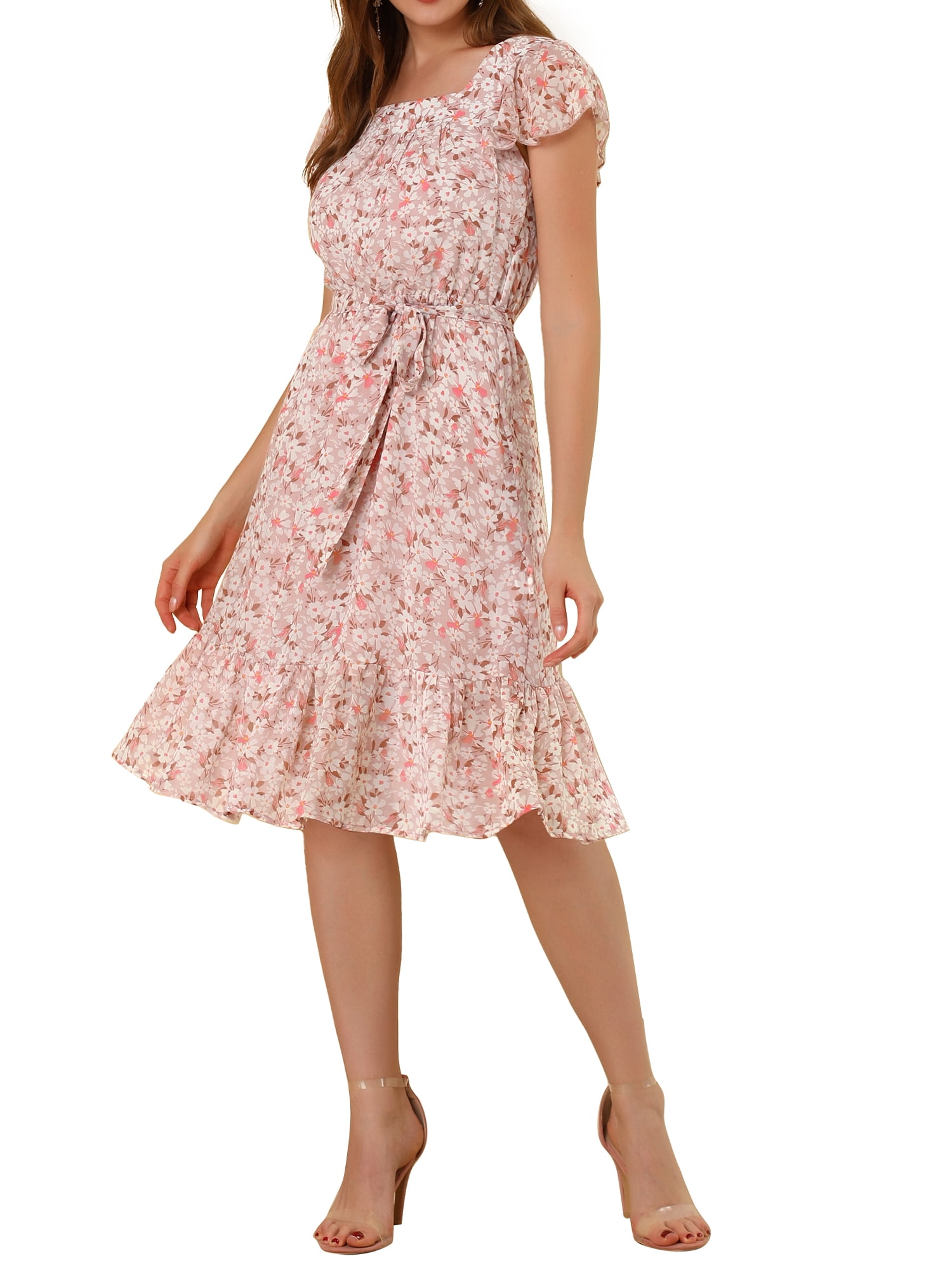 DARING DIVA Square Neck Flutter Sleeve A-Line Midi Dress S Pink White
