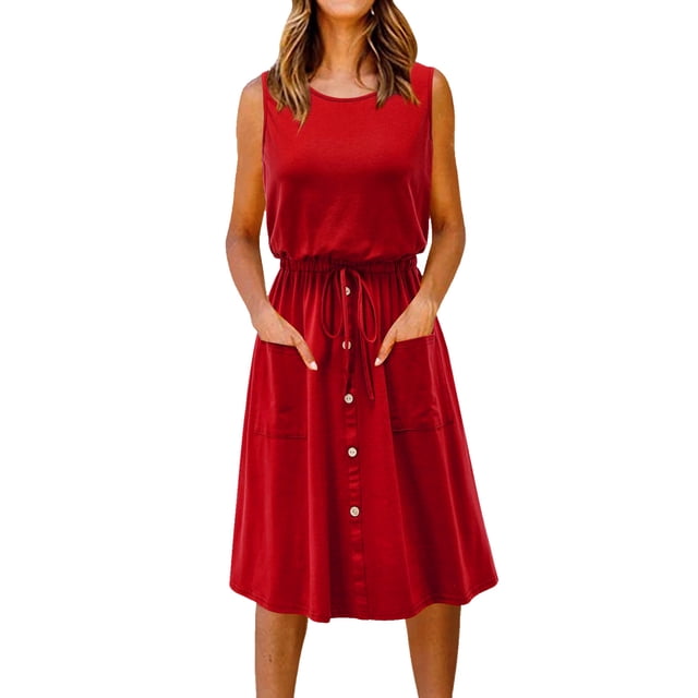 B91xZ Robes pour Femmes 2024 Invité de Mariage Sans Manches Col en V Boutonnée Ample Fluide à Étages Mini Robe avec Ceinture, Rouge L