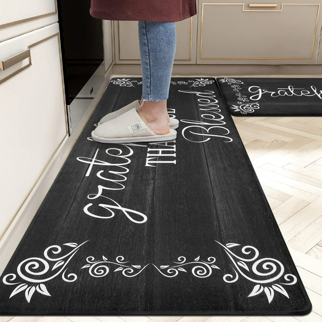 MeyJey Kitchen Rug Set of 2, Anti Fatigue Kitchen Mat 2 Pieces, Non Skid Waterproof Cushioned Floor Mat and Runner Rug, 17"x28"x0.5"+17"x59"x0.5", Black