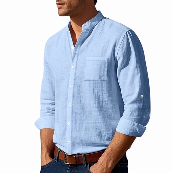 Mawalde Men Cotton Linen Shirt Long Sleeve Collarless Casual Button Down Shirt Breathable Beach Tops Light Blue XXL