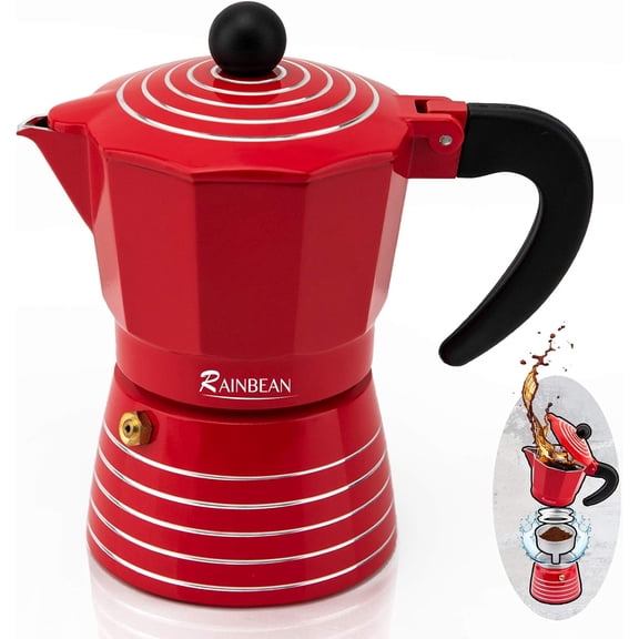 Espresso Maker 6 Cup Moka Pot,Aluminum 6-Cup Classic Italian and Cuban Espresso Maker,Aluminum Durable and Easy to Use & Clean,300ml Red