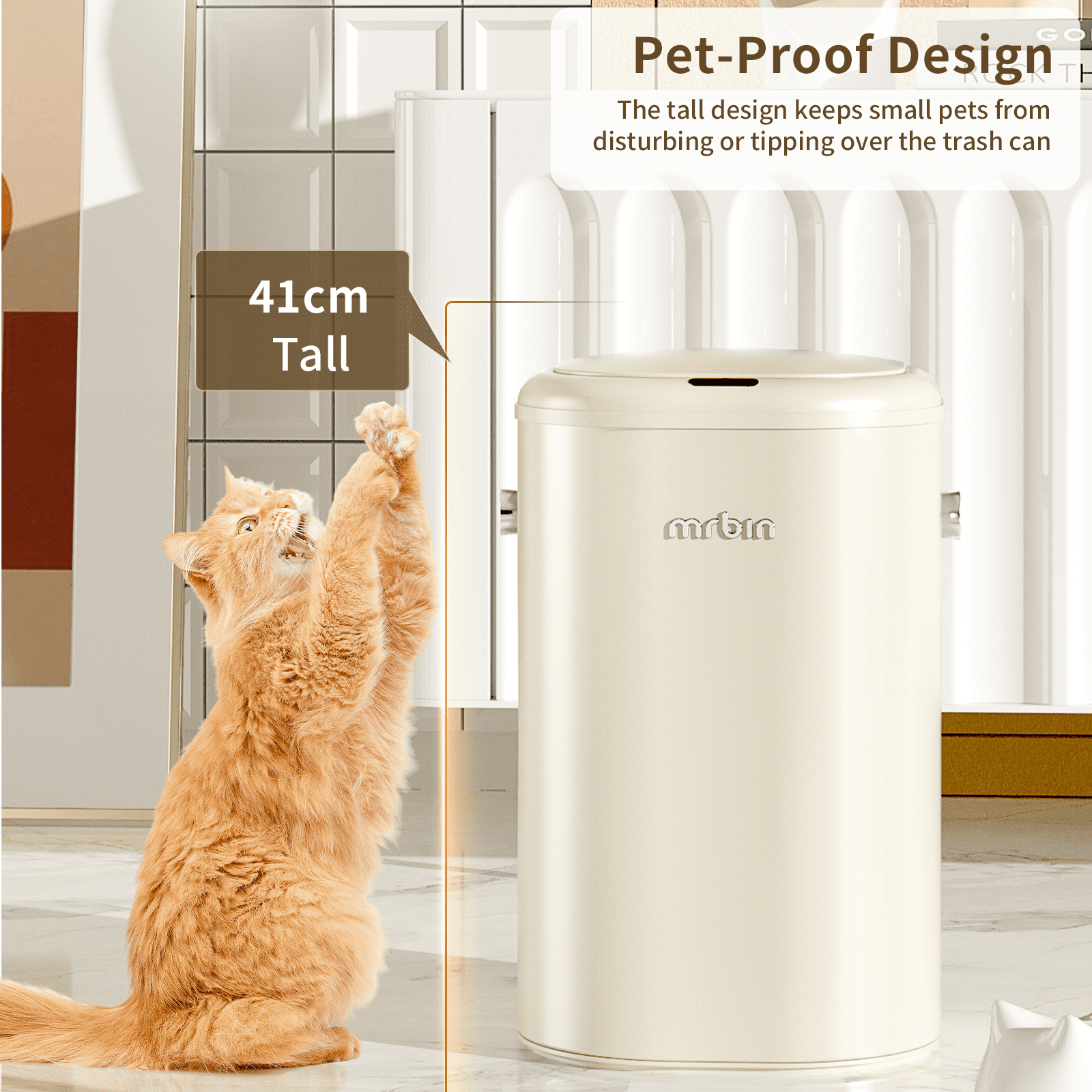 Metal Automatic Tall Kitchen Trash Can with Lid, 18L / 4.8gal Slim Motion Sensor Waste Basket, Touchless Electric Garbage Bin for Office and Bathroom, Cream White