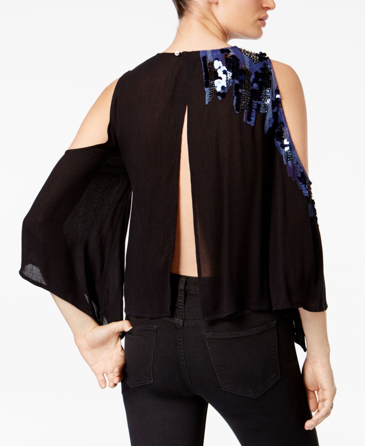 black sparkly cold shoulder top