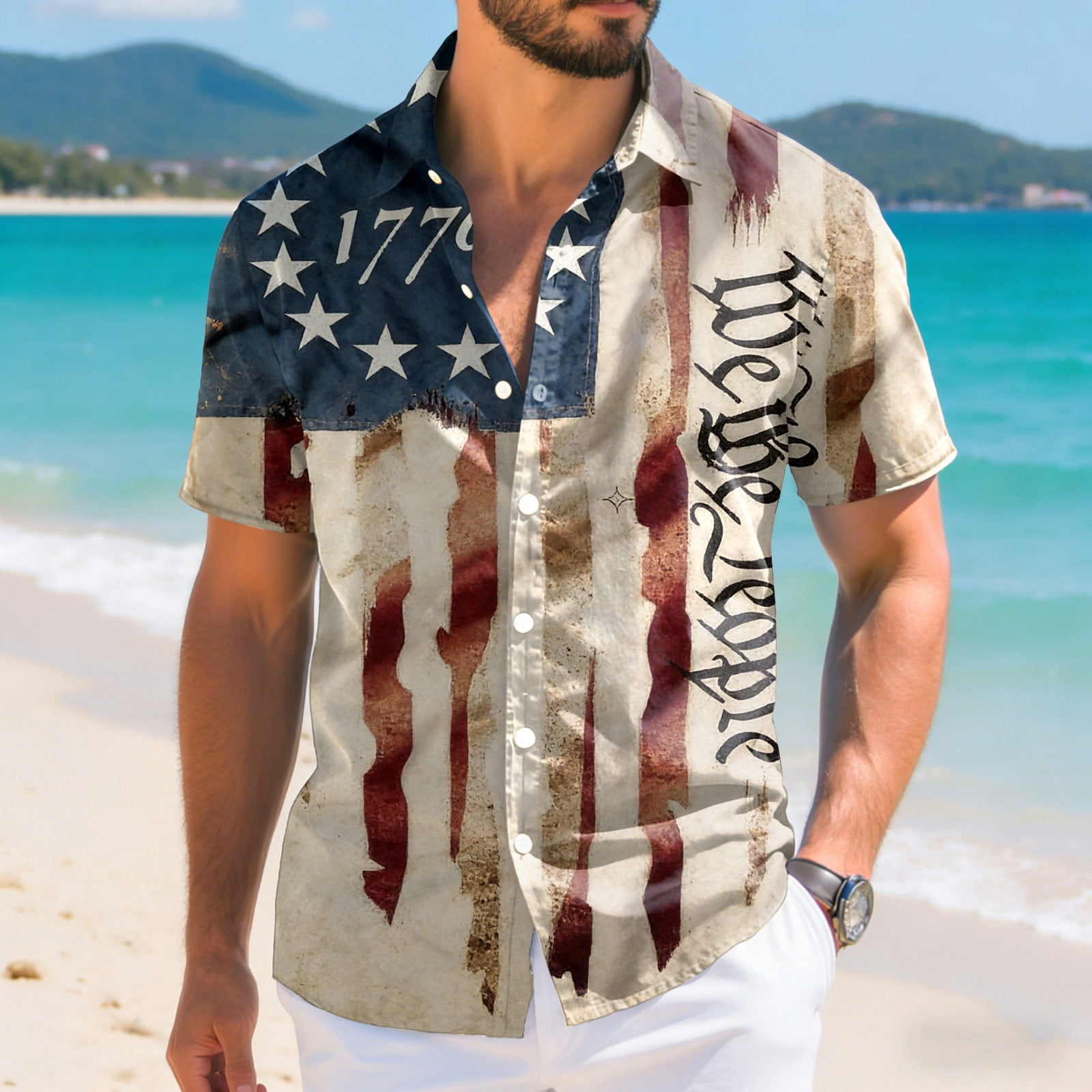 UngA 250 Year American Anniversary Shirt, Men's American Flag Patriotic Button Down Shirt USA 4th of July Short Sleeve Tshirts Shirts for Men (Beige,3XL)