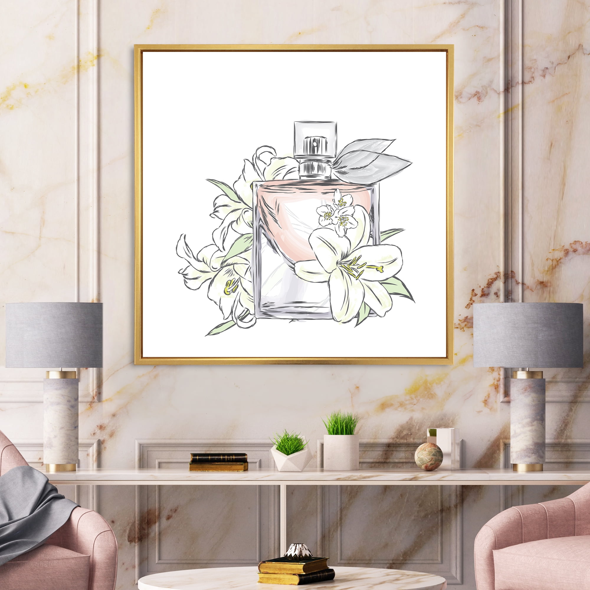 Designart 'Bouquet of Flowers and Perfume Bottle II' Traditional Framed Canvas Wall Art Print