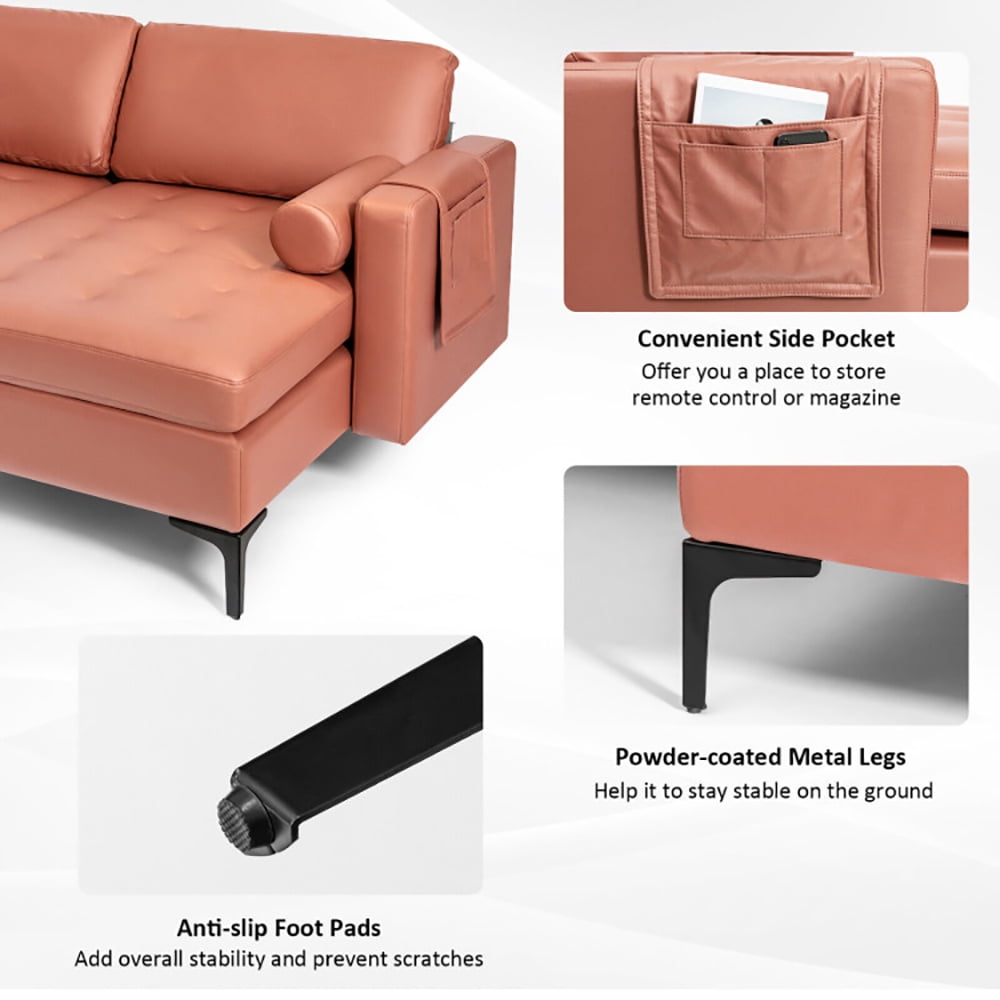 Finihen L-shaped Sectional Sofa Couch, Modular L-shaped 3-Seat Sectional Sofa with Reversible Chaise and 2 USB Ports, for Living Room, Pink Finihen L-shaped Sectional Sofa Couch, Modular L-shaped 3-Seat Sectional Sofa with Reversible Chaise and 2 USB Ports, for Living Room, Pink
