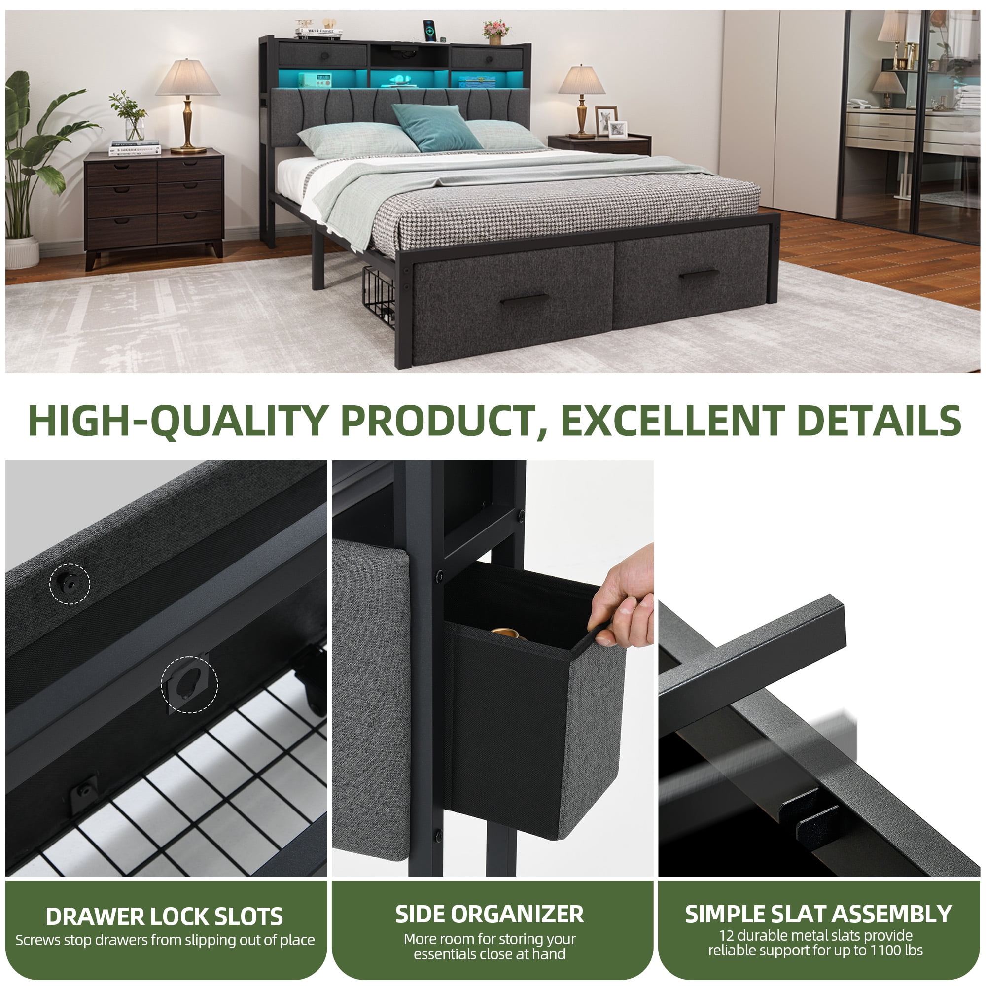 Uforic King Size PU Leather Platform Bed Frame with 3-Tier Storage Headboard 2 Underbed Rolling Drawers & Side Storage Boxes, No Box Spring Required, Gray