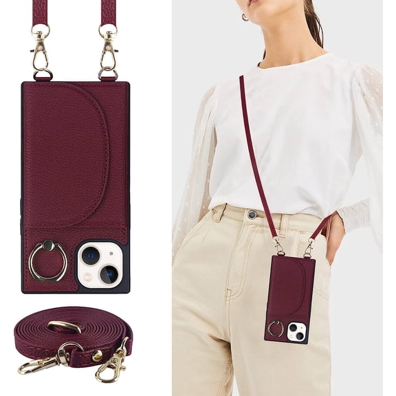 Crossbody Phone Cases for iPhone 14 Plus with Card Holder for Women,iPhone 14 Plus Case Wallet with Lanyard Strap,PU Leather Magnetic Clasp [360° Rotatable Ring Holder Kickstand],(Red)